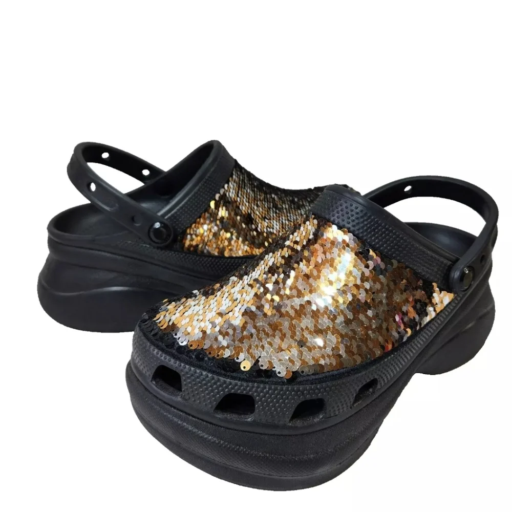 CROCS Classic Bae Silver Gold Sequin Platform Clog Sz 9 Black Multi - Picture 2 of 14